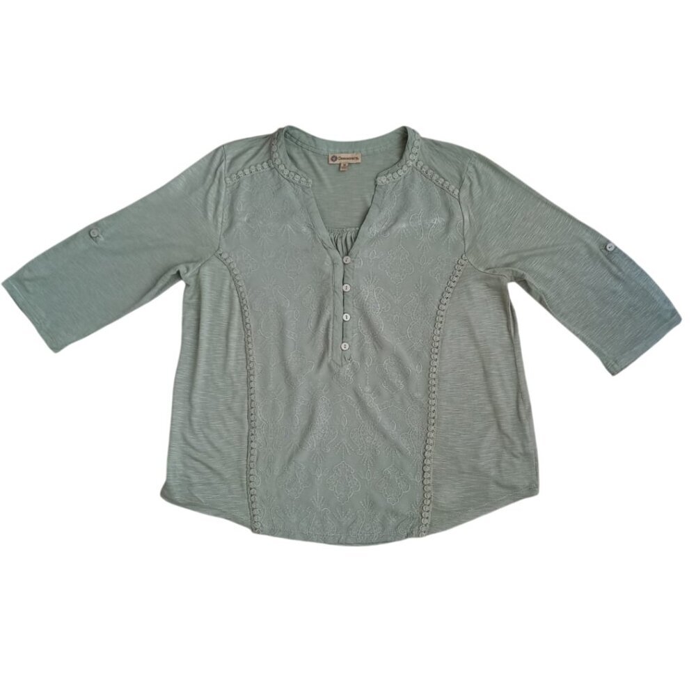 Democracy Sage Green Embroidered Women’s Blouse – 3/4 Sleeve Button Front Top, S